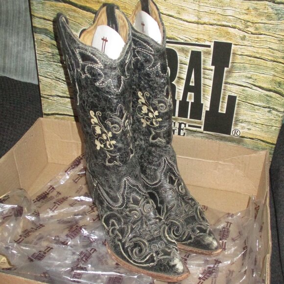 Vintage Black Corral Boots sz 7M  Lizard Over C2108 - Picture 1 of 14